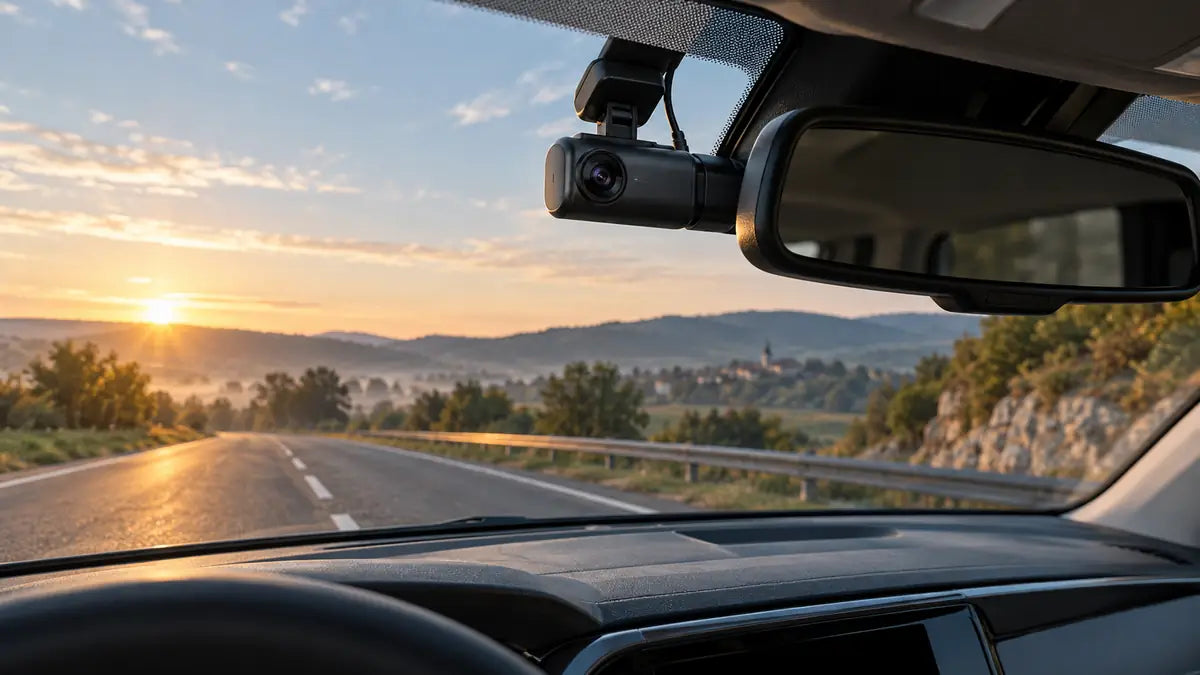 Dashcam installée derrière le rétroviseur sur une route au lever du jour Image