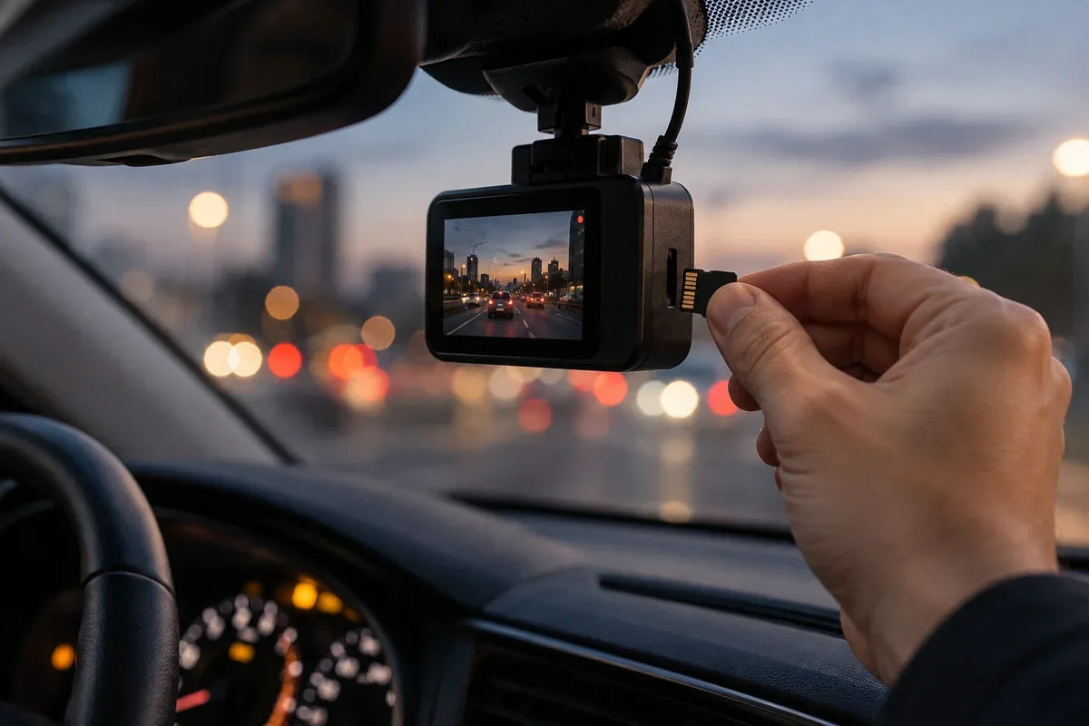 Insertion d’une carte microSD dans une dashcam installée derrière le pare-brise Image