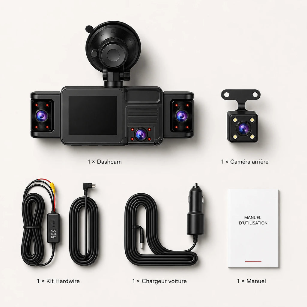 Dashcam Panorama et accessoires du colis