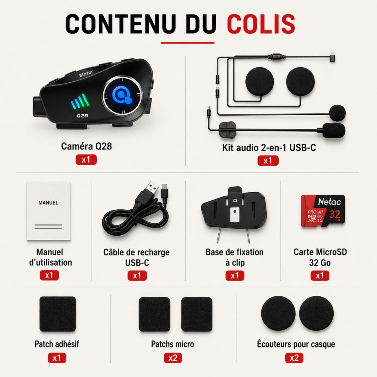 Caméra Q28 et accessoires du colis