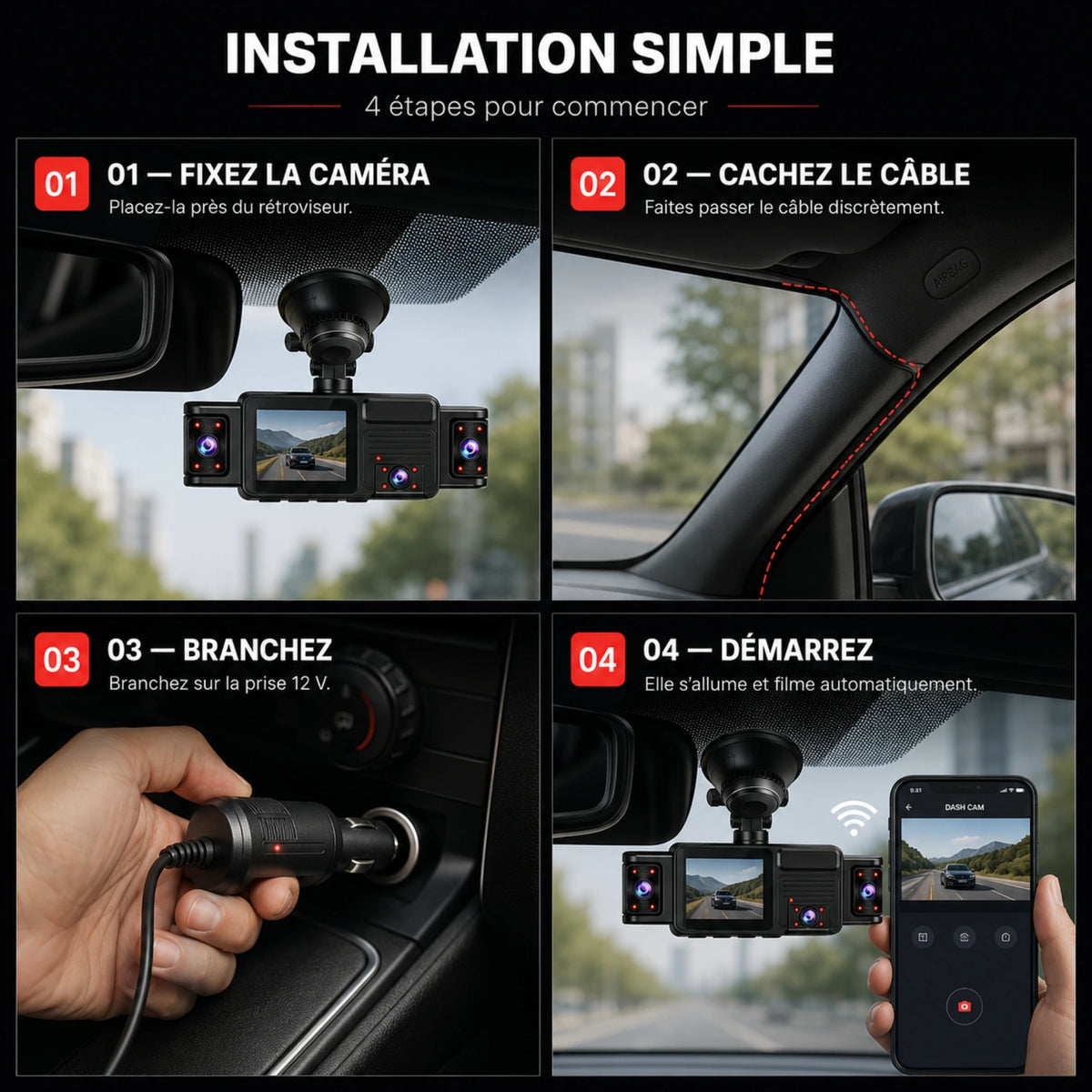 Détail du boîtier et des objectifs de la dashcam