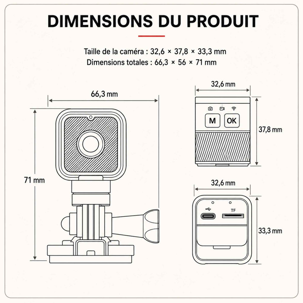 Vue de la caméra CS03 avec ses dimensions