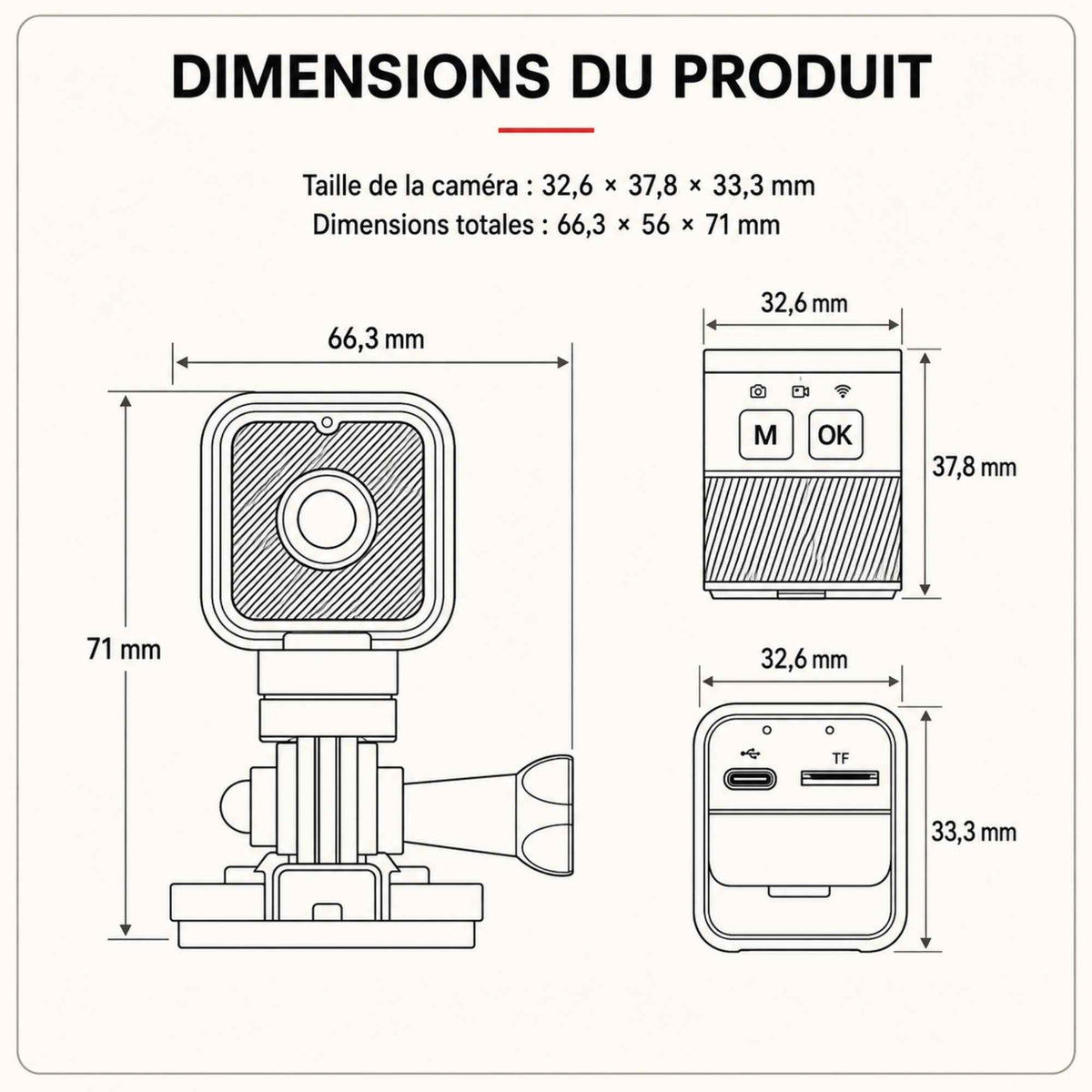 Vue de la caméra CS03 avec ses dimensions
