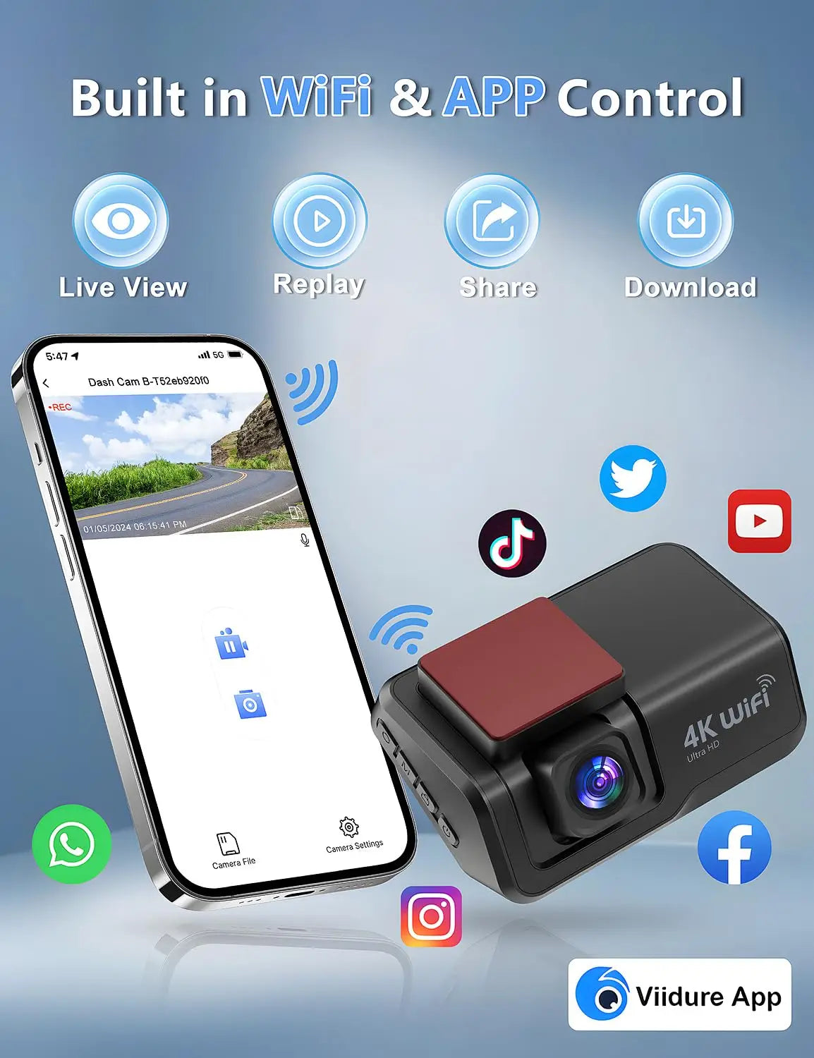 Dashcam voiture Kocam 4K UHD double objectif WiFi – aperçu produit