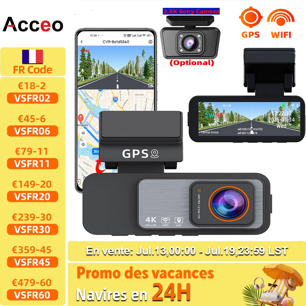 Dashcam voiture Acceo 4K + 2.5K double objectif