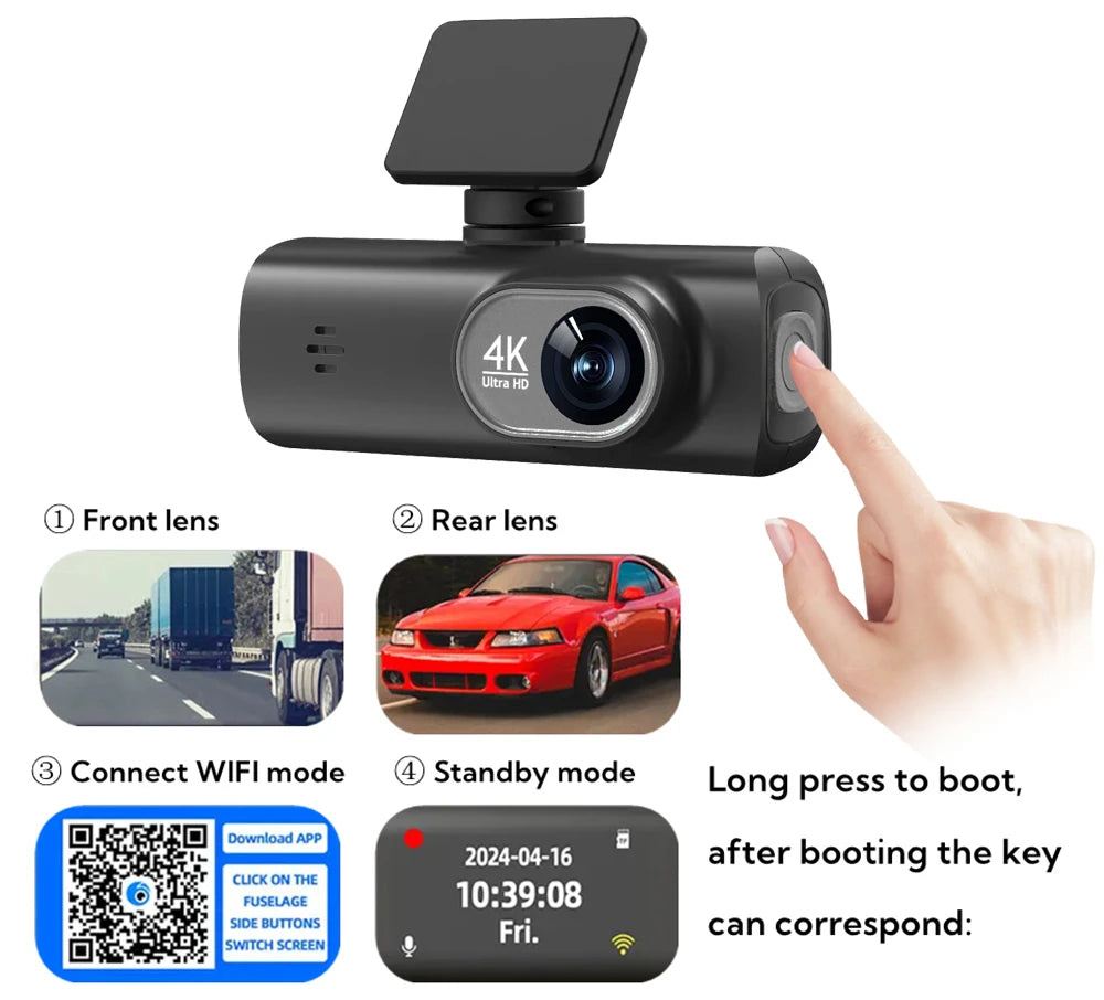 Dashcam voiture Kocam 4K UHD WiFi GPS externe – vue technique