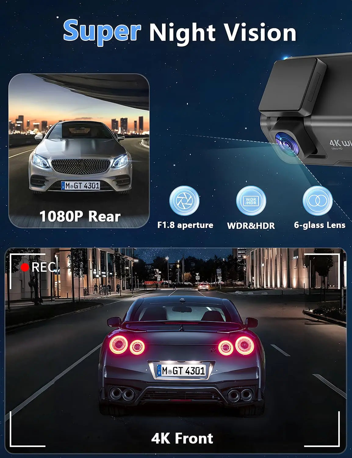 Dashcam voiture Kocam 4K UHD double objectif WiFi – caractéristiques