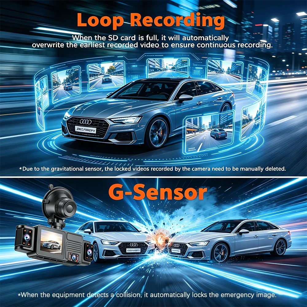 Dashcam voiture 5 canaux 360 degrés 2K – vue technique