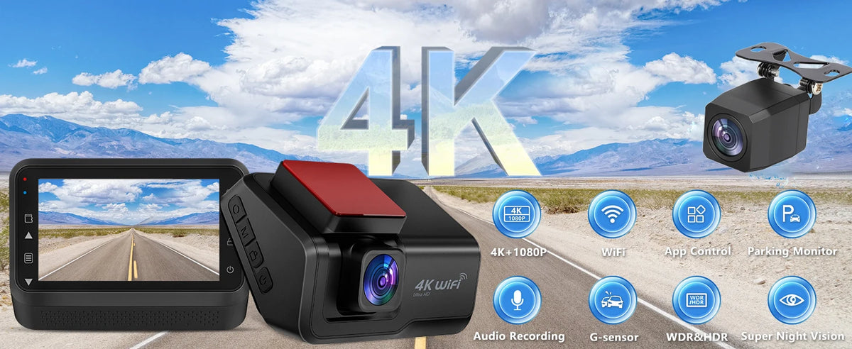 Dashcam voiture Kocam 4K UHD double objectif WiFi – détails