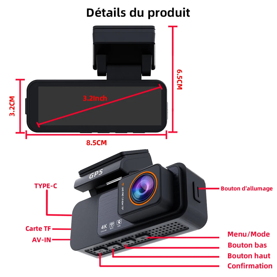 Dashcam voiture Acceo 4K + 2.5K double objectif – vue technique
