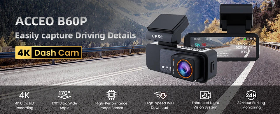 Dashcam voiture Acceo 4K + 2.5K double objectif – détails