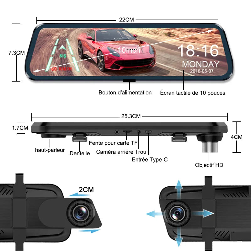 Dashcam rétroviseur E-ACE 2.5K GPS WiFi – vue technique