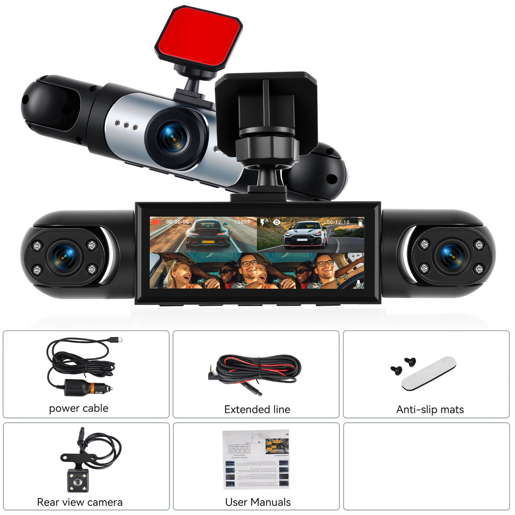 Dashcam voiture Podofo 1080P GPS multi-vues – vue technique