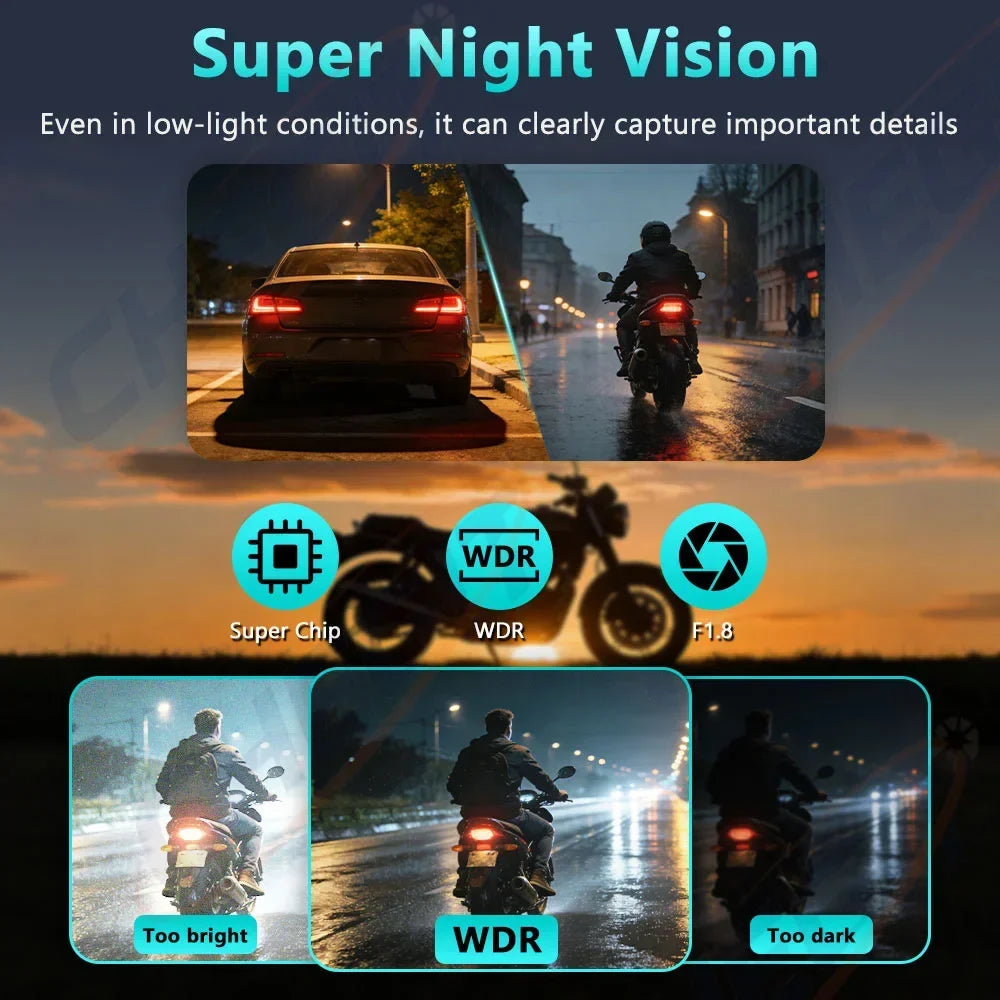Dashcam moto 2K WiFi IP66 GPS interne – vue détaillée