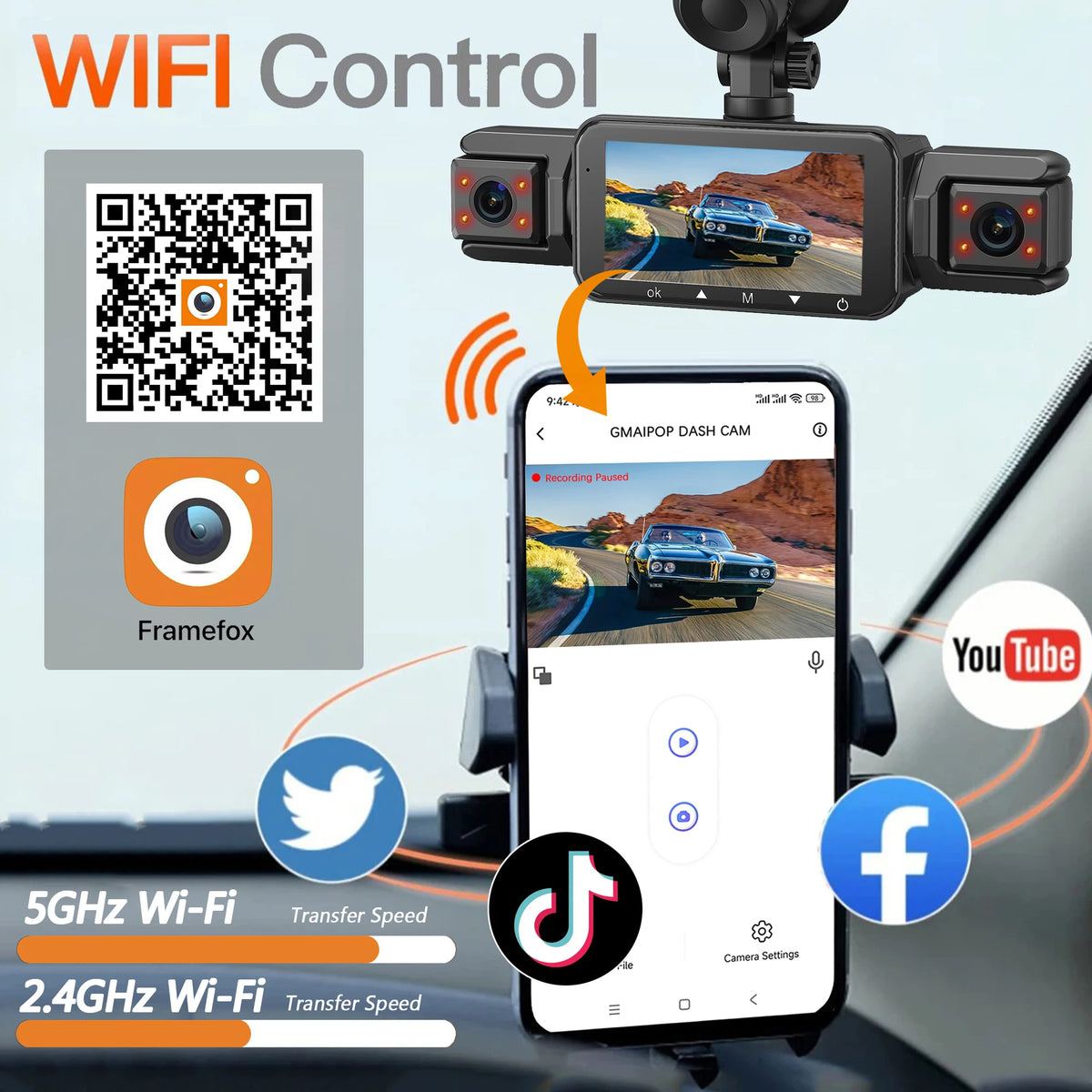 Dashcam voiture 4 canaux 1080P GMAIPOP hardwire – vue détaillée