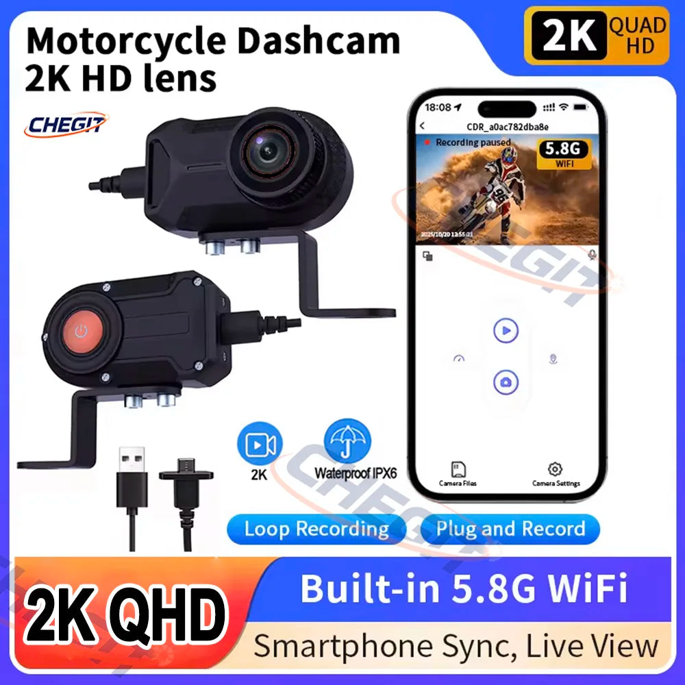 Dashcam moto 2K WiFi IP66 GPS interne