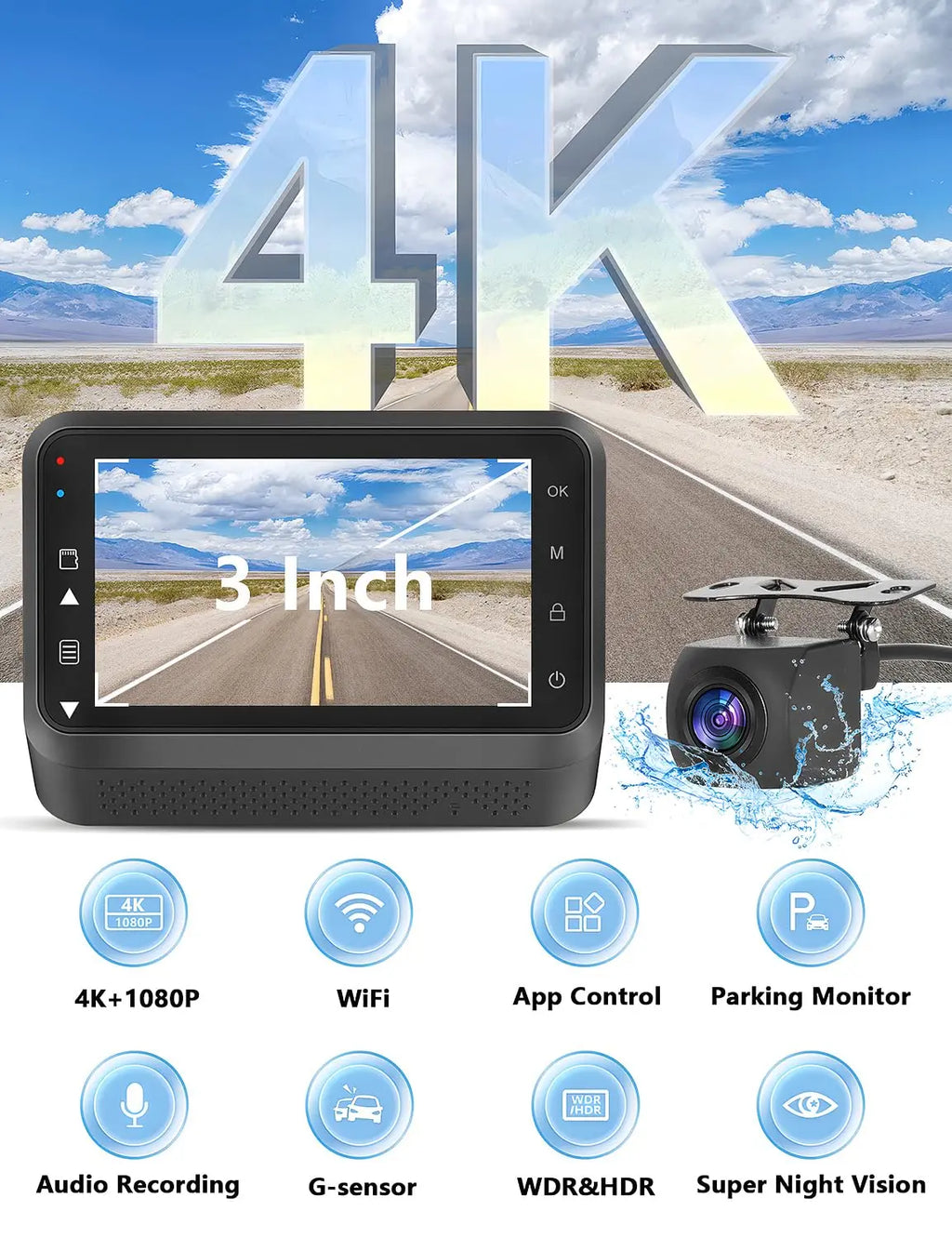 Dashcam voiture Kocam 4K UHD double objectif WiFi – présentation
