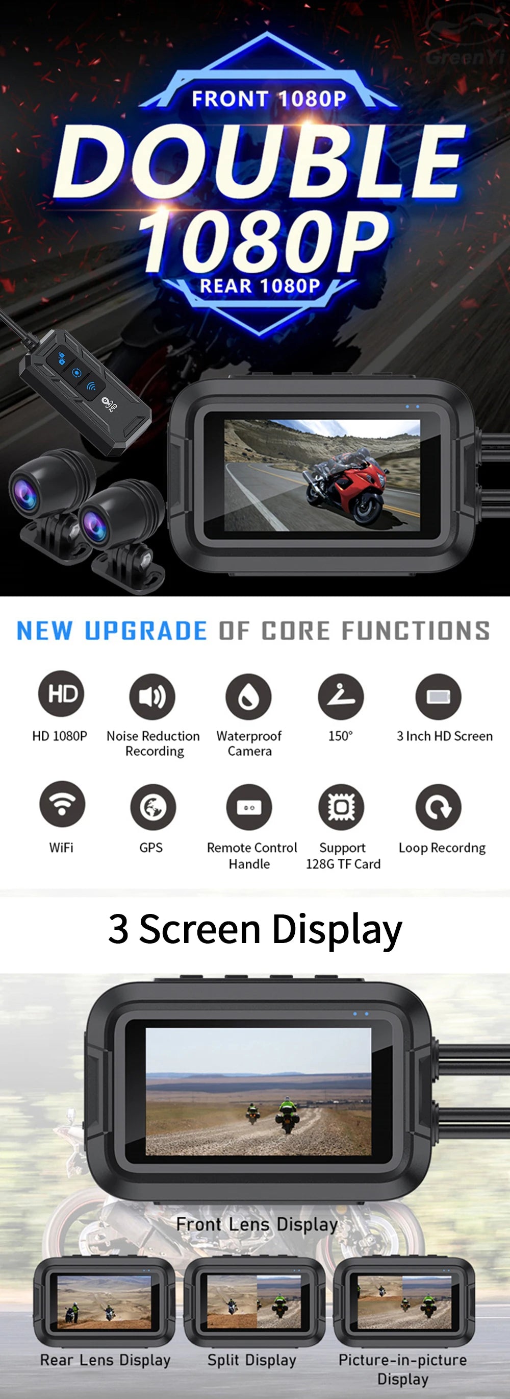 Dashcam moto Kocam 1080P GPS WiFi étanche – détails