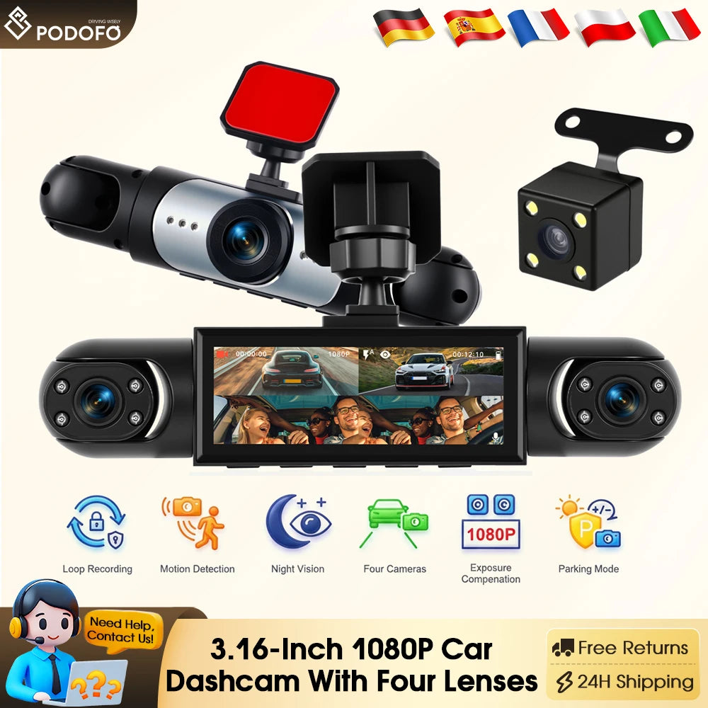 Dashcam voiture Podofo 1080P GPS multi-vues