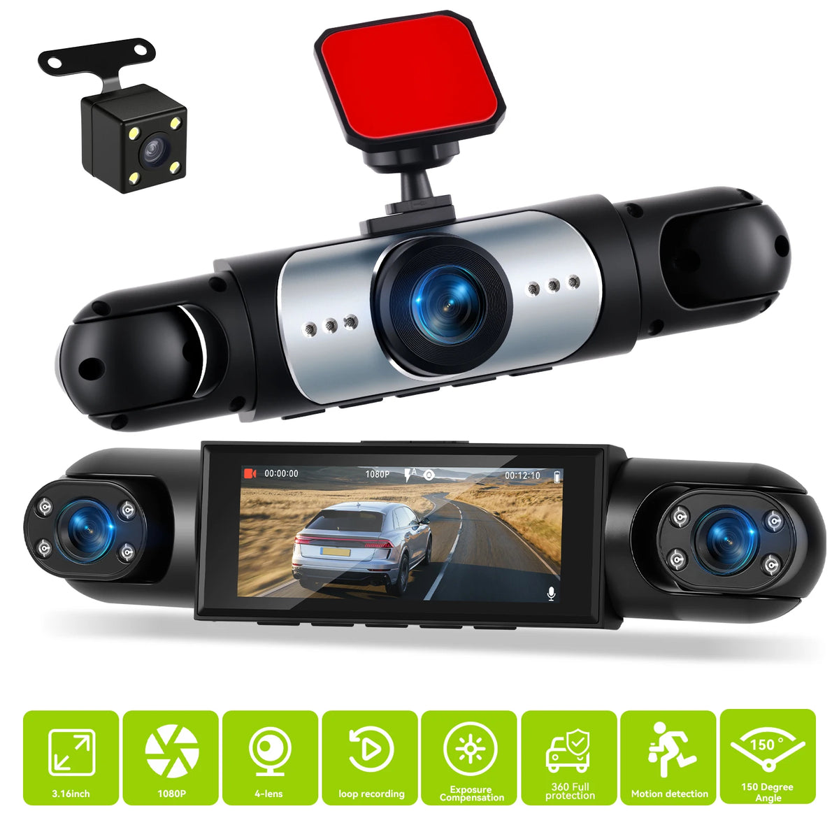 Dashcam voiture Podofo 1080P GPS multi-vues – aperçu