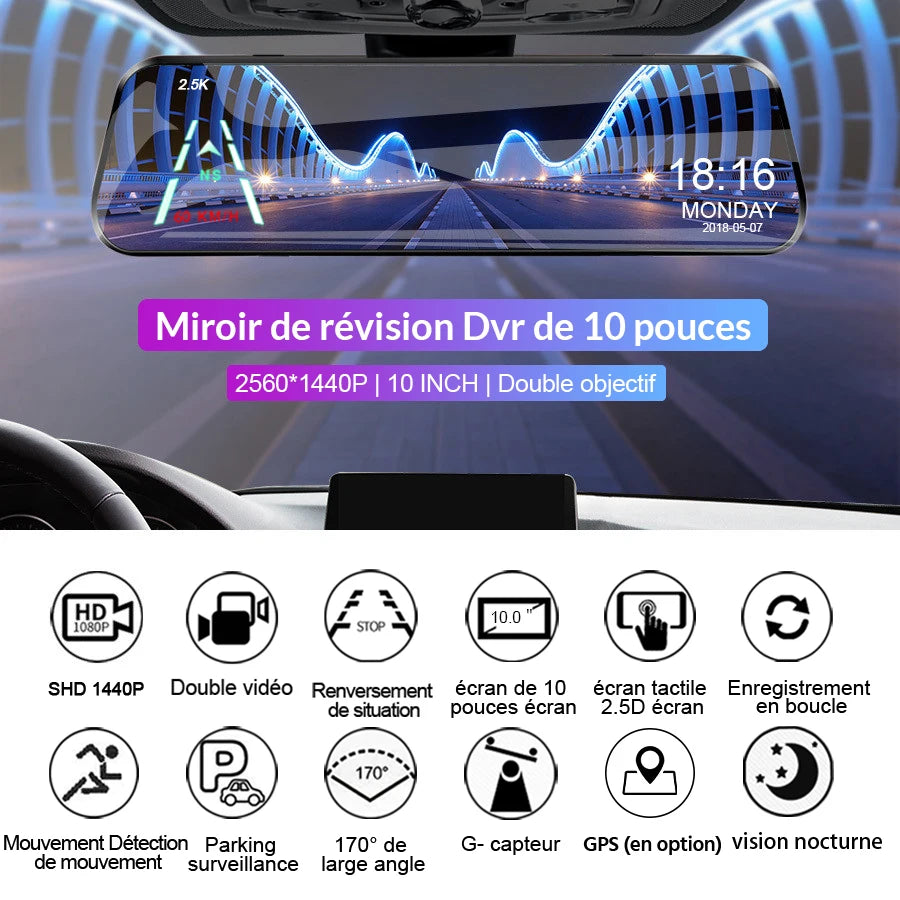 Dashcam rétroviseur E-ACE 2.5K GPS WiFi – présentation