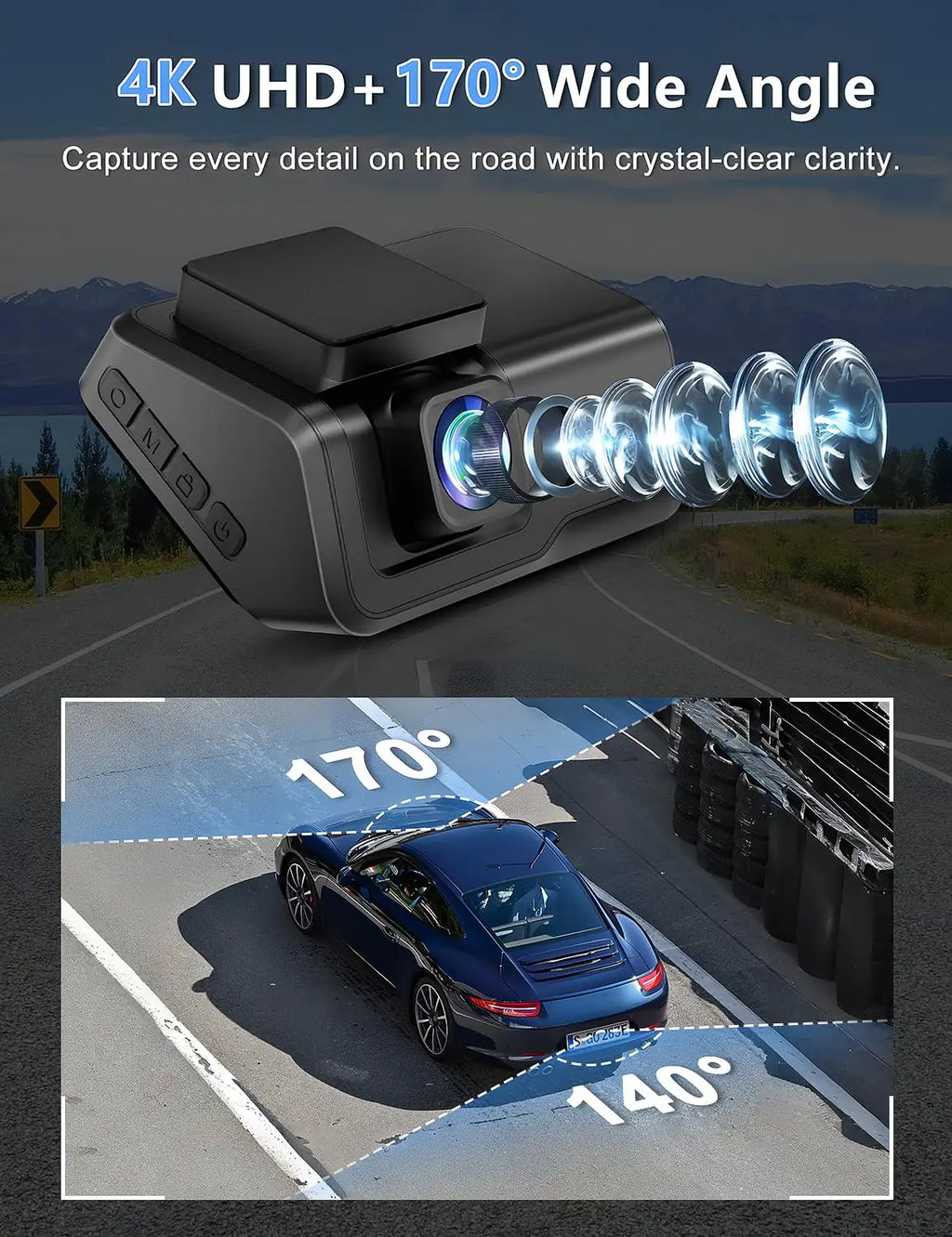 Dashcam voiture Kocam 4K UHD double objectif WiFi – vue détaillée