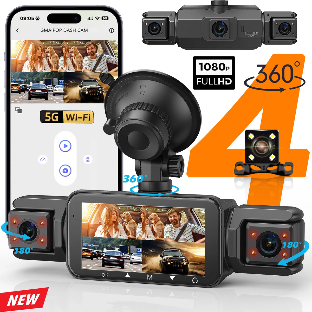 Dashcam voiture 4 canaux 1080P GMAIPOP hardwire