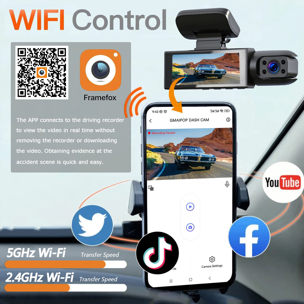 Dashcam voiture GMAIPOP double 1080P WiFi intérieur – présentation