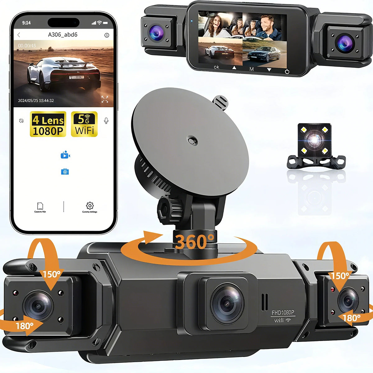 Dashcam voiture etymoofox 4 canaux WiFi rétroviseur