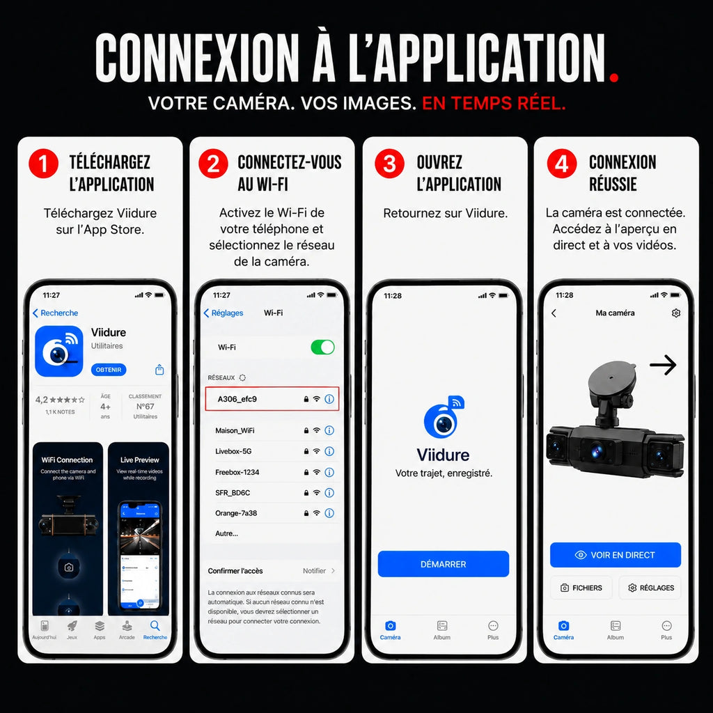 Smartphone connecté à l’application de la dashcam