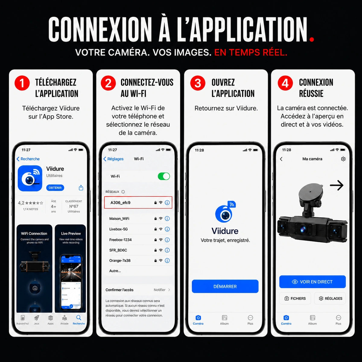 Smartphone connecté à l’application de la dashcam