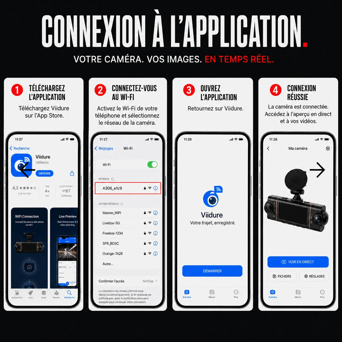 Smartphone connecté à l’application de la dashcam