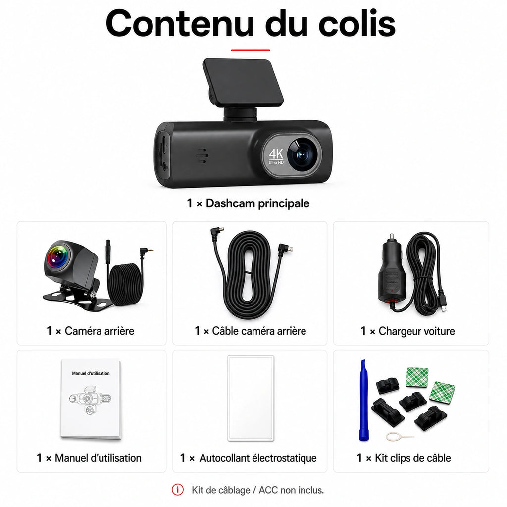 Dashcam Guardian avec caméra arrière et accessoires