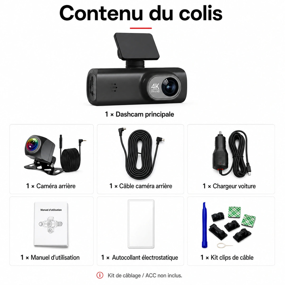 Dashcam Guardian avec caméra arrière et accessoires