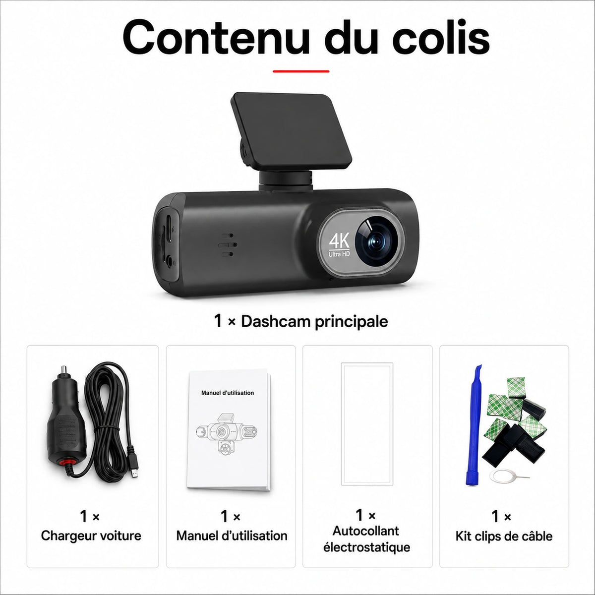 Dashcam Guardian 4K et accessoires du colis