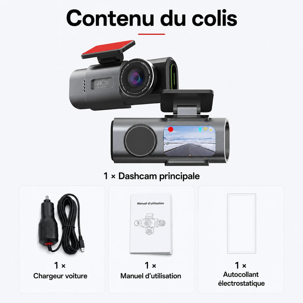Dashcam Sentinel 4K et accessoires du colis