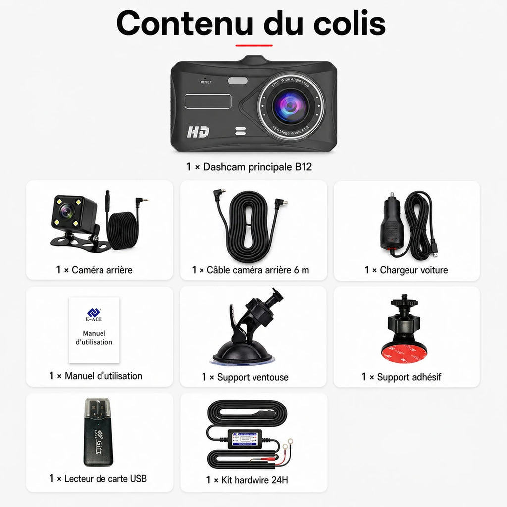 Dashcam B12 avec accessoires disposés autour