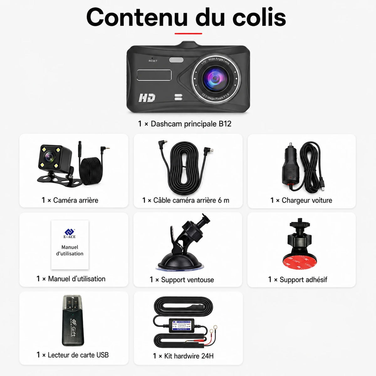 Dashcam B12 avec accessoires disposés autour