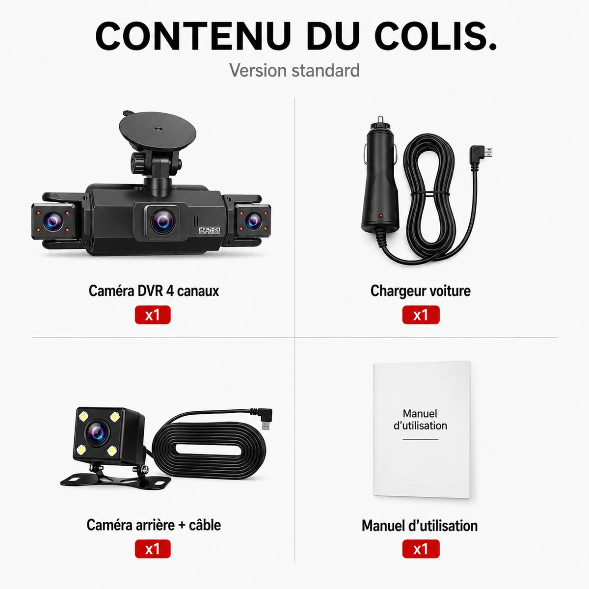 Dashcam Vigil et accessoires du colis