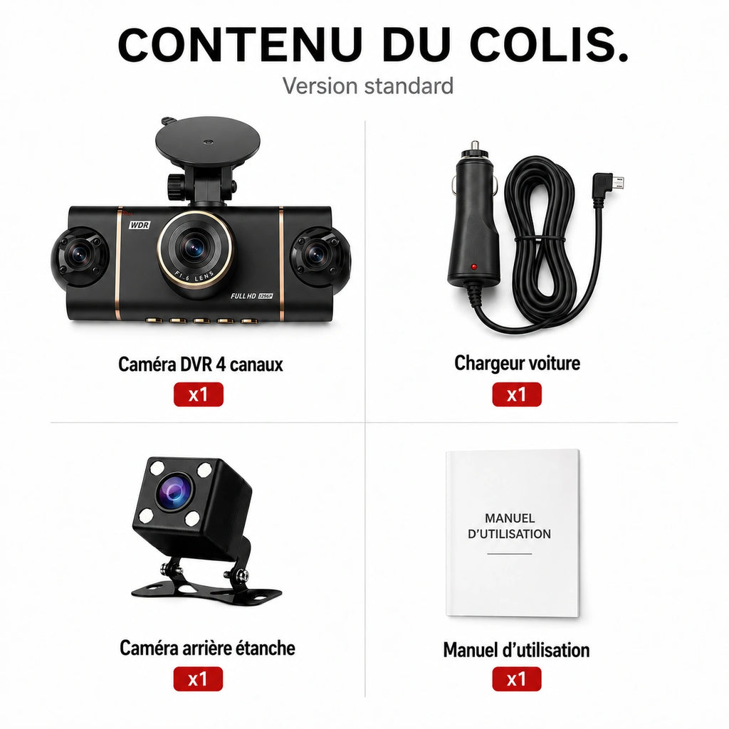 Dashcam Fortress et accessoires du colis