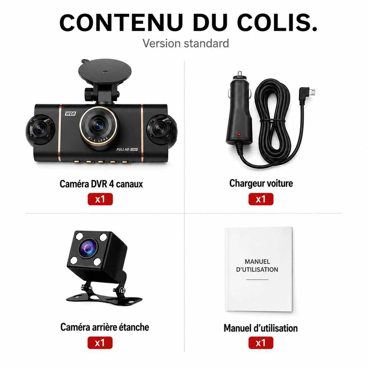 Dashcam Fortress et accessoires du colis