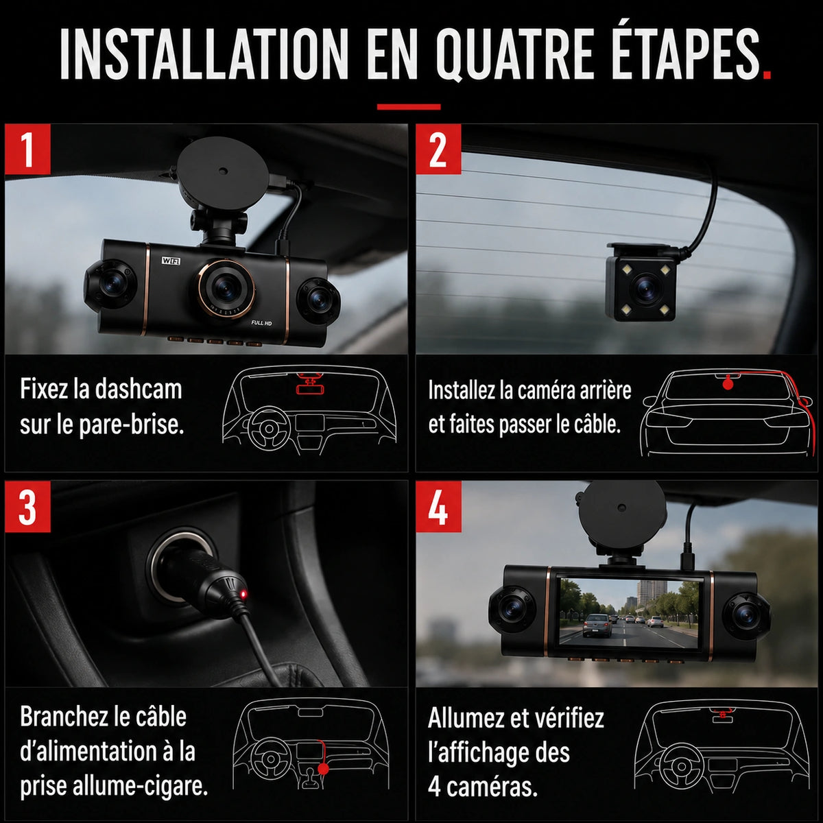 Étapes d’installation de la dashcam et des caméras