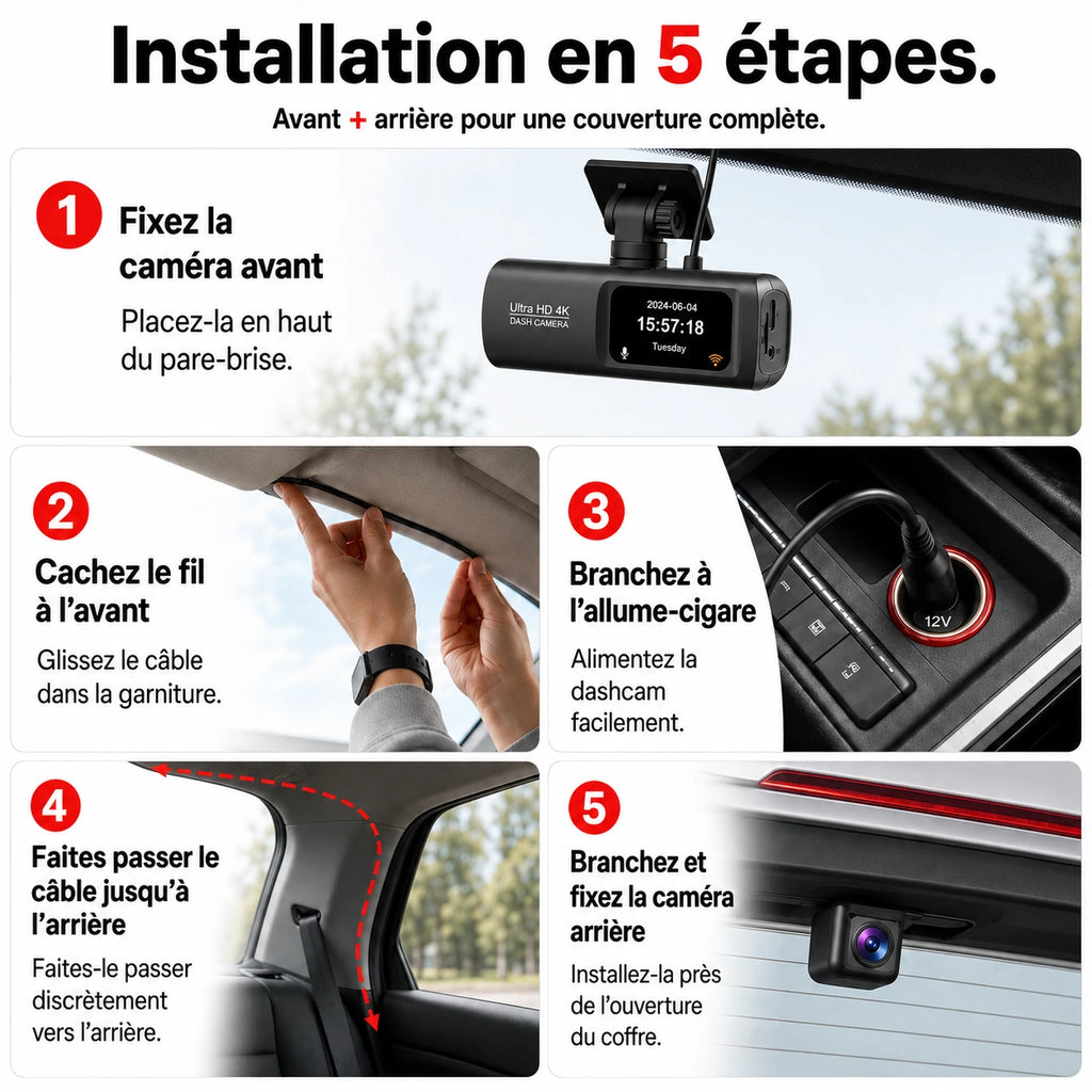 Étapes de fixation de la dashcam au pare-brise